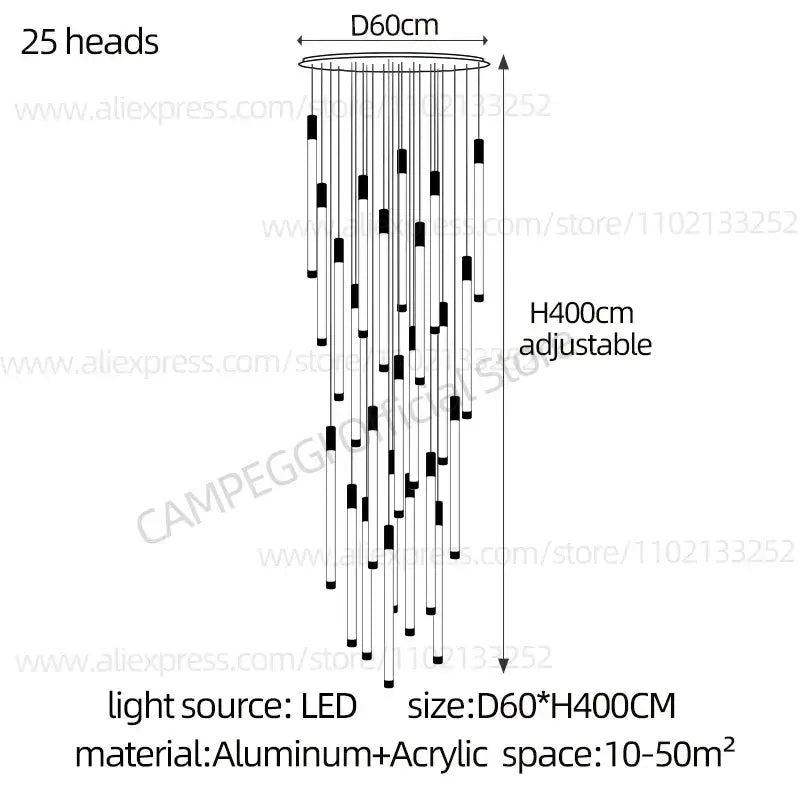 Modern golden tube chandelier staircase led glass light