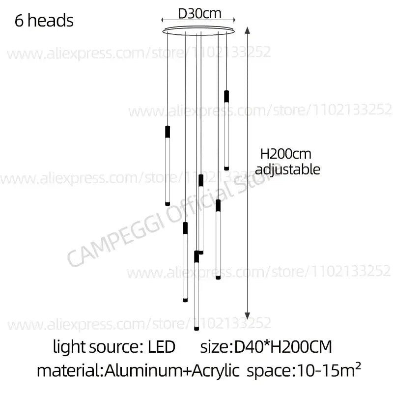 Modern golden tube chandelier staircase led glass light
