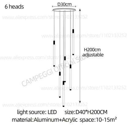 Modern golden tube chandelier staircase led glass light