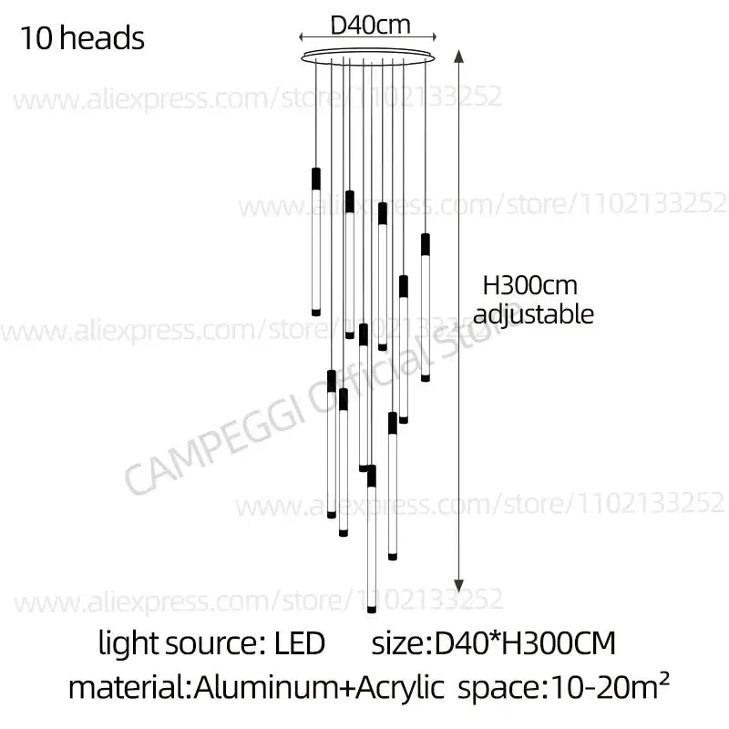 Modern golden tube chandelier staircase led glass light