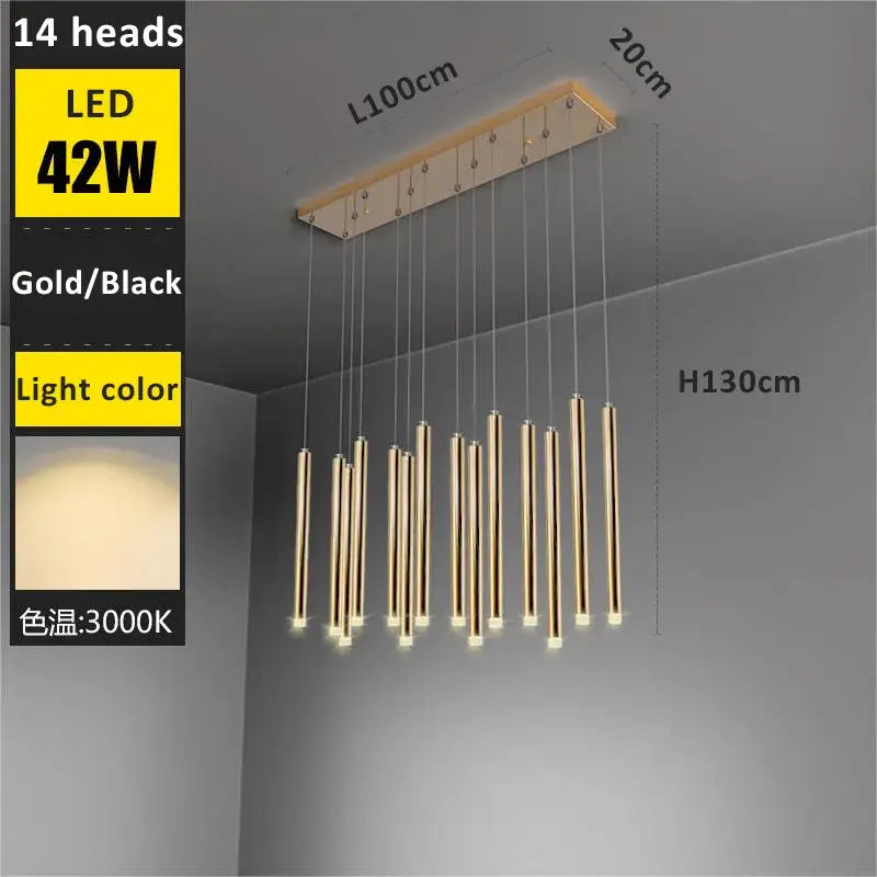 Modern golden tube led chandelier living room pendant light