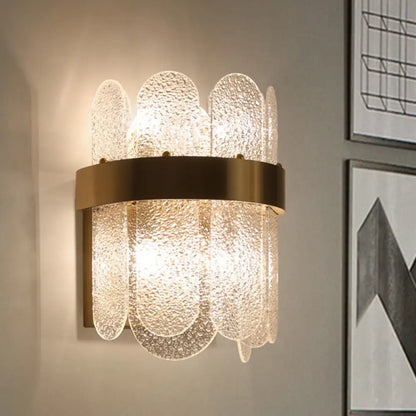 DecorBites™ Modern Golden Wall Lamp with 4 Heads, Oval Clear Hammered Glass – Bedroom Wall Lighting Sconce