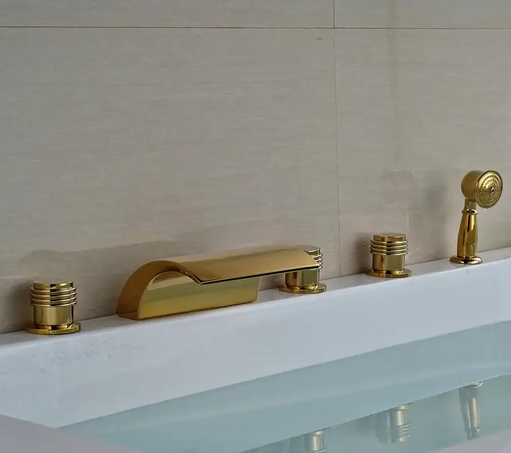 Modern golden widespread brass bathtub faucet with handheld shower bathroom
