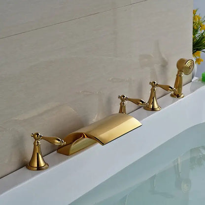 Modern golden widespread brass bathtub faucet with handheld shower bathroom