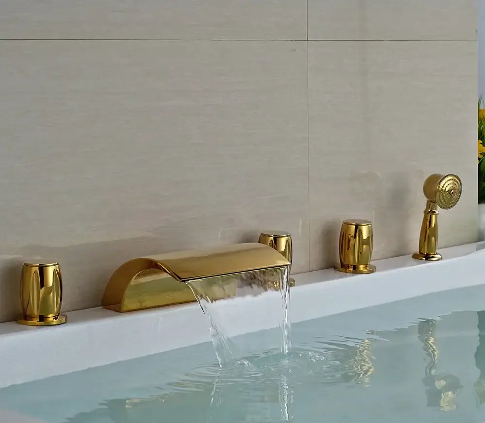 Modern golden widespread brass bathtub faucet with handheld shower bathroom