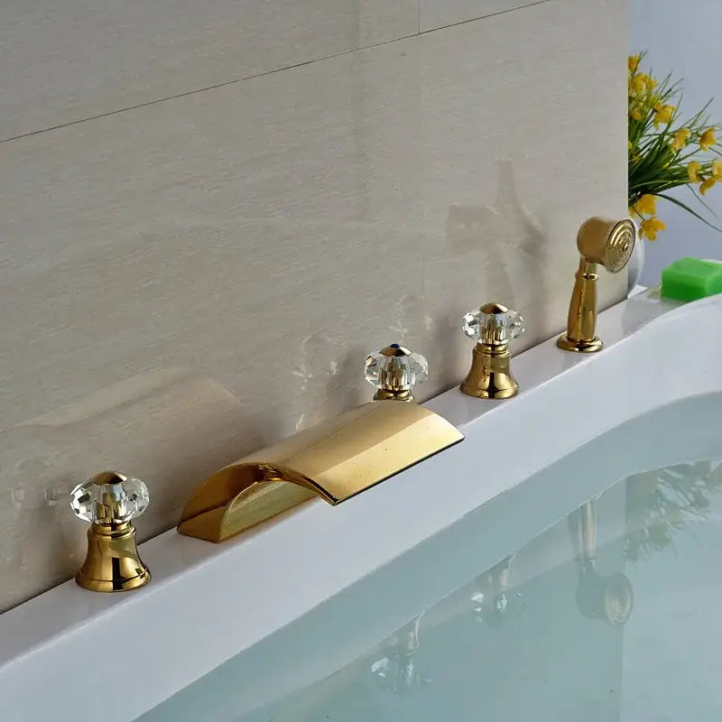 Modern golden widespread brass bathtub faucet with handheld shower bathroom