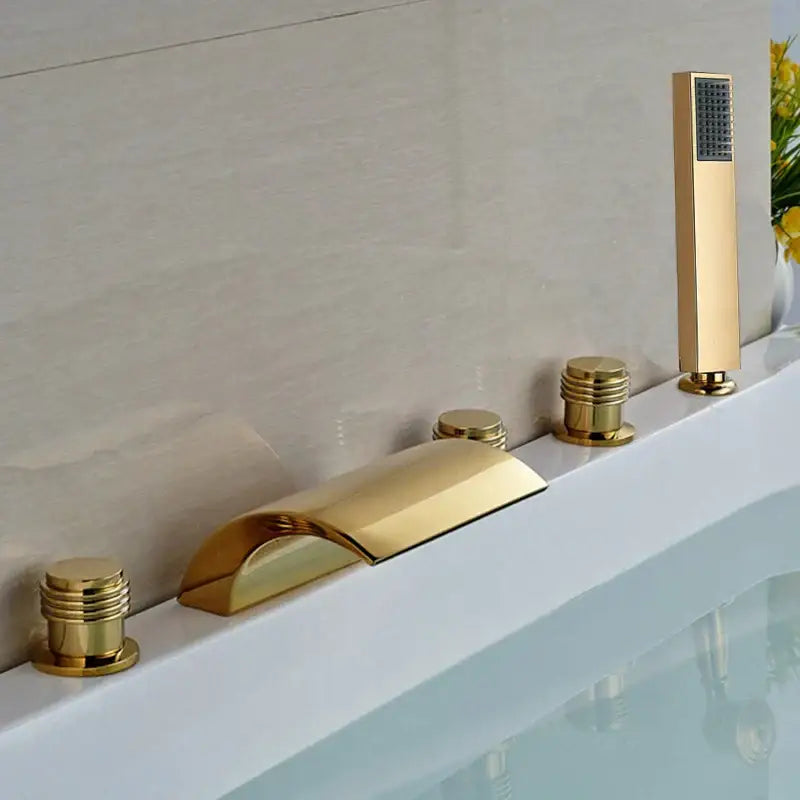 Modern golden widespread brass bathtub faucet with handheld shower bathroom