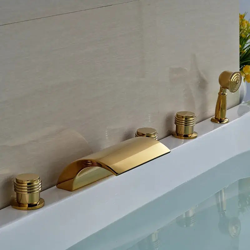 Modern golden widespread brass bathtub faucet with handheld shower bathroom