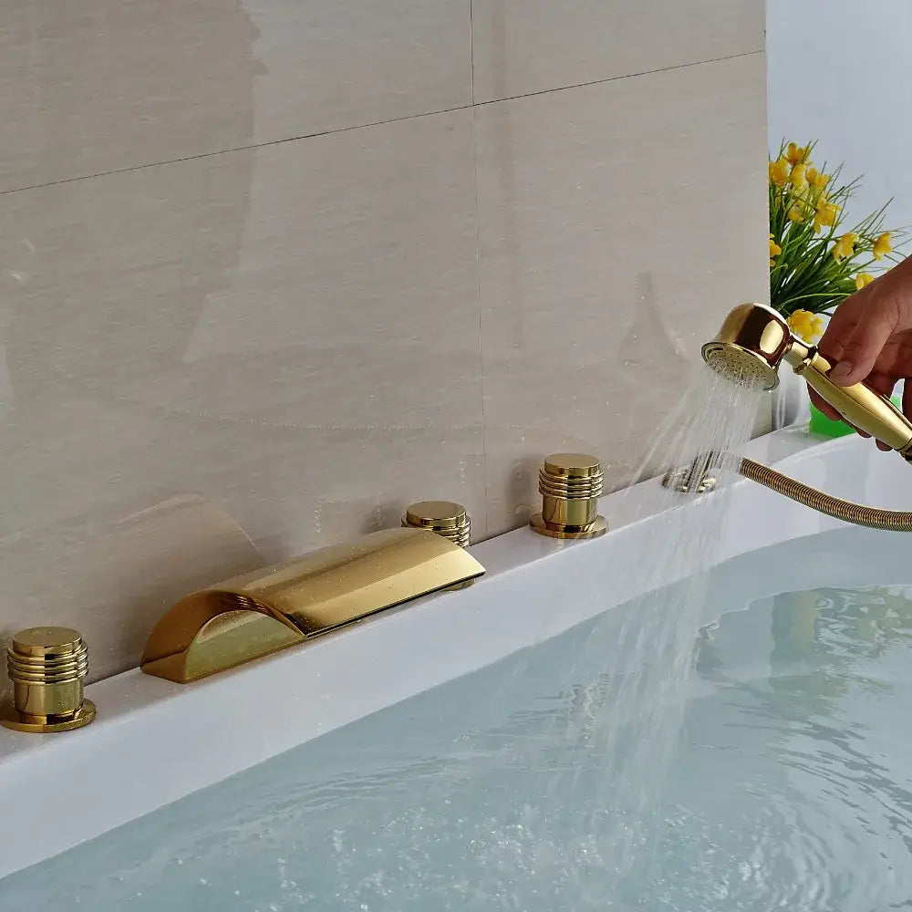 Modern golden widespread brass bathtub faucet with handheld shower bathroom