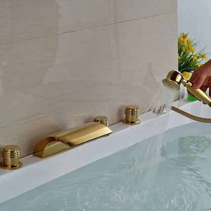 Modern golden widespread brass bathtub faucet with handheld shower bathroom