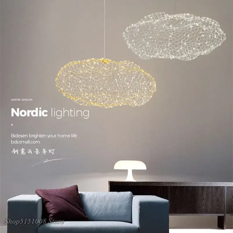 Modern golden wire mesh cloud pendant light for bedroom