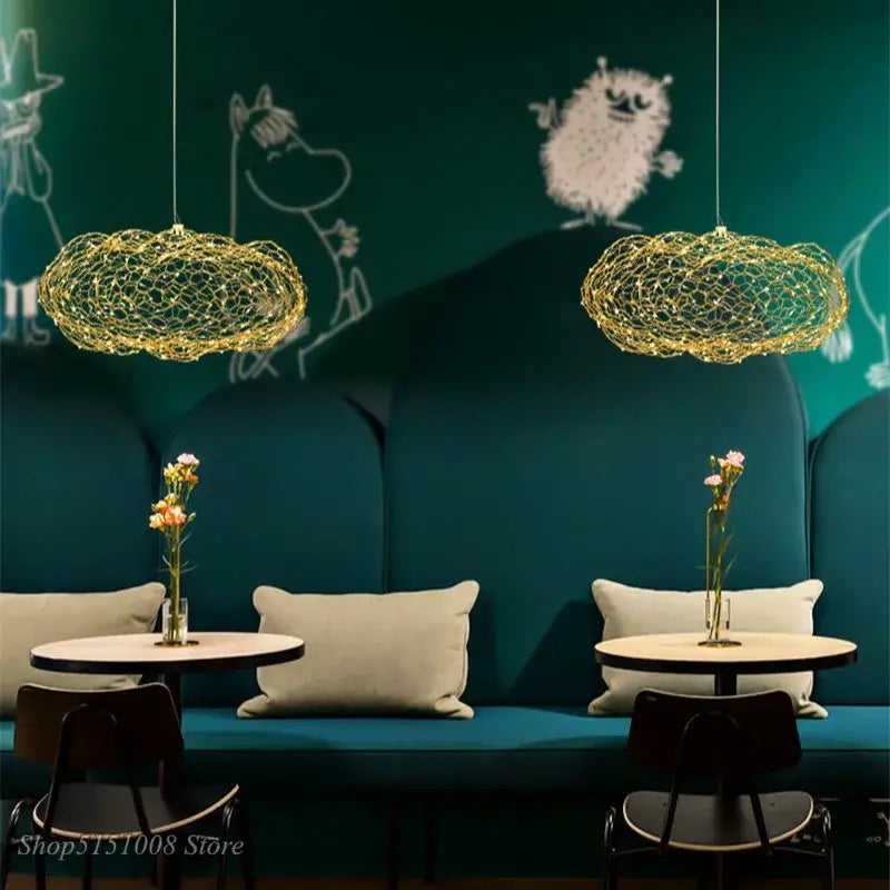 Modern golden wire mesh cloud pendant light for bedroom