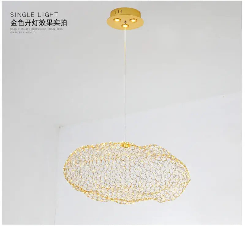 Modern golden wire mesh cloud pendant light for bedroom