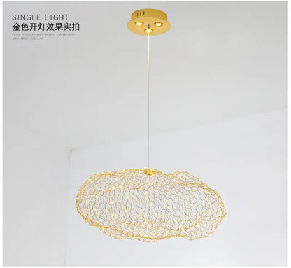 Modern golden wire mesh cloud pendant light for bedroom