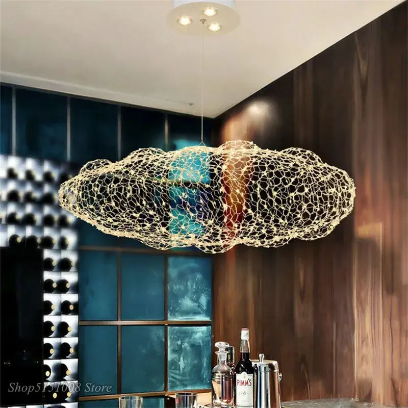 Modern golden wire mesh cloud pendant light for bedroom
