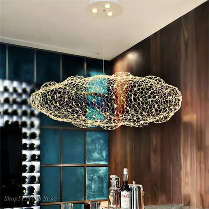 Modern golden wire mesh cloud pendant light for bedroom