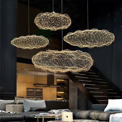 Modern golden wire mesh cloud pendant light for bedroom