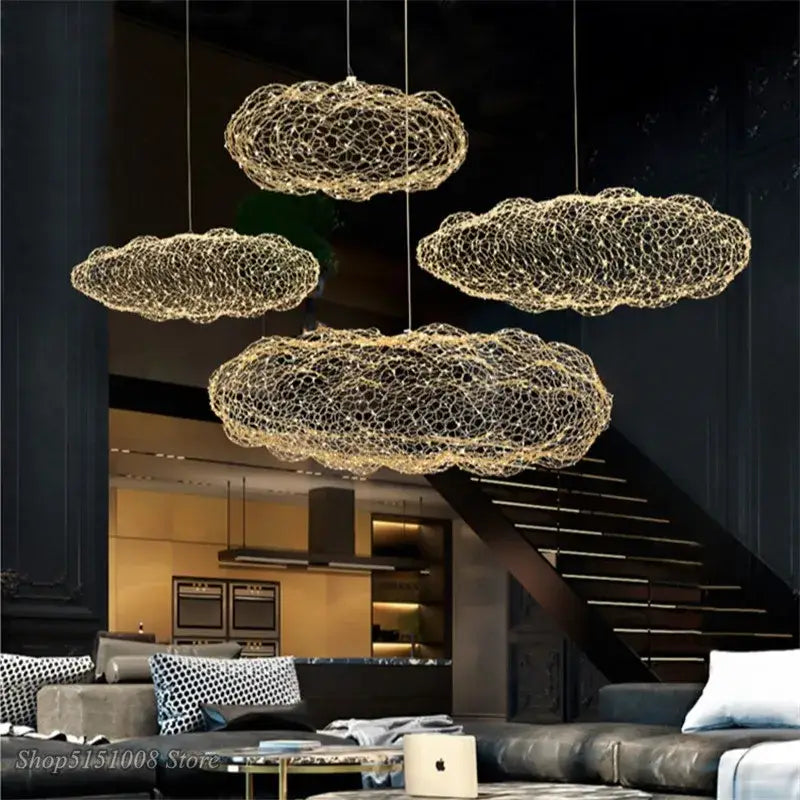 Modern golden wire mesh cloud pendant light for bedroom
