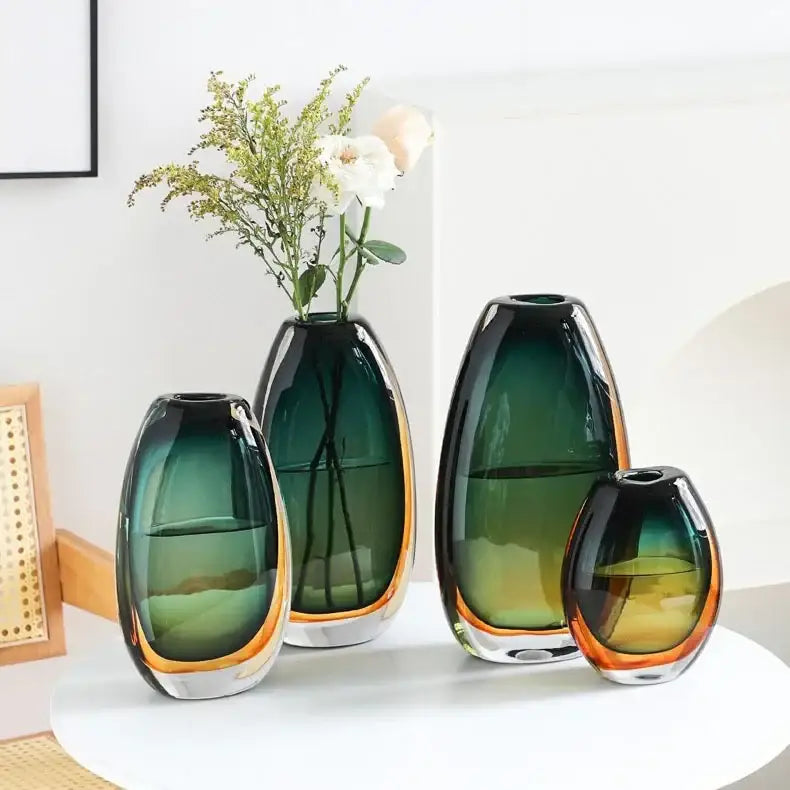 Modern gradient glass vase set green & amber living room decor