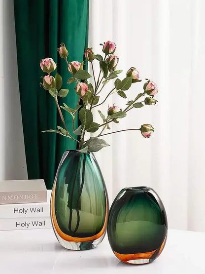 Modern gradient glass vase set green & amber living room decor