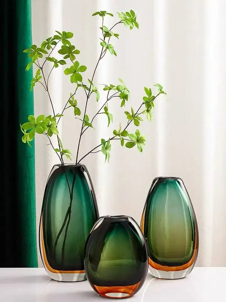 Modern gradient glass vase set green & amber living room decor