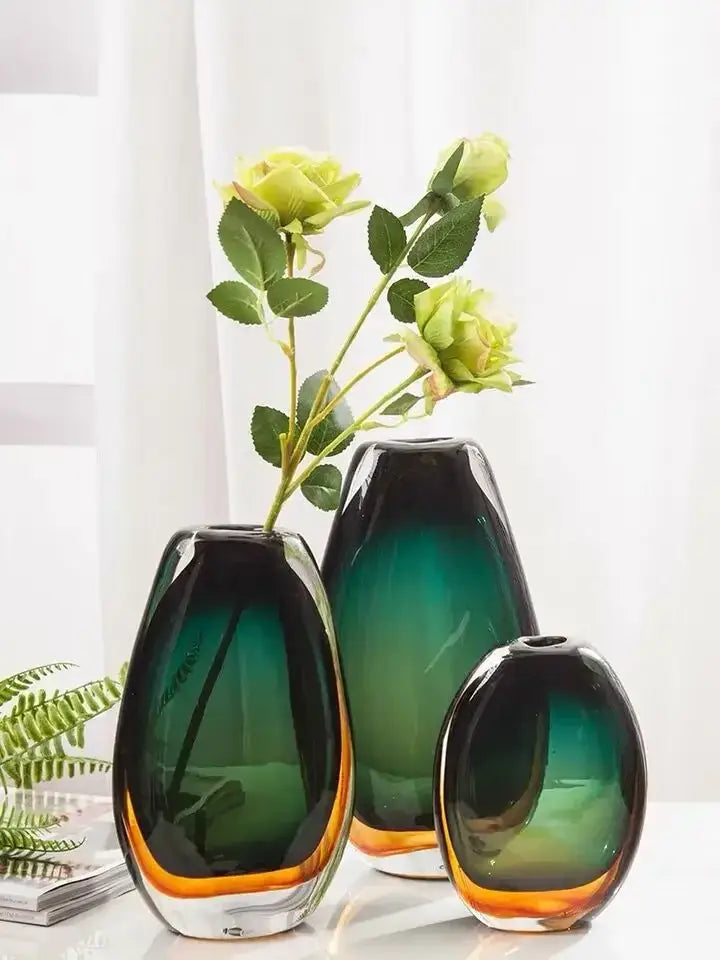 Modern gradient glass vase set green & amber living room decor