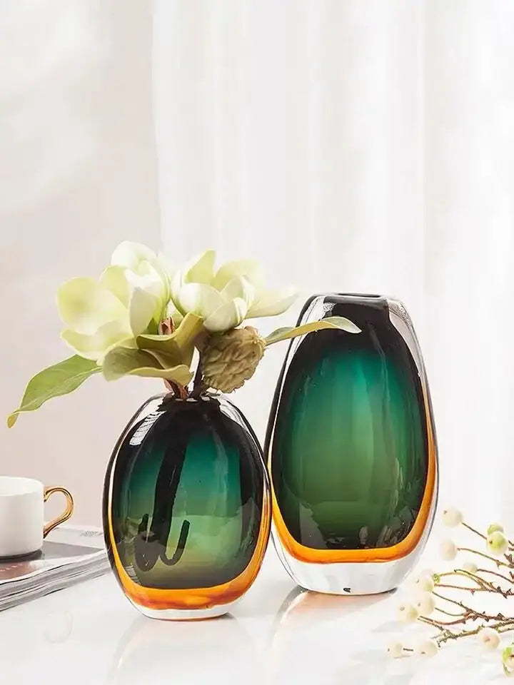 Modern gradient glass vase set green & amber living room decor