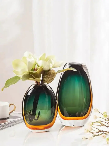 Modern gradient glass vase set green & amber living room decor