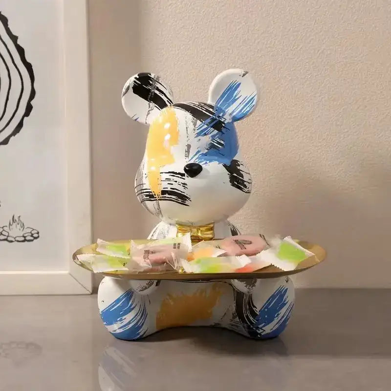 Modern graffiti bear figurine with golden tray living room decor