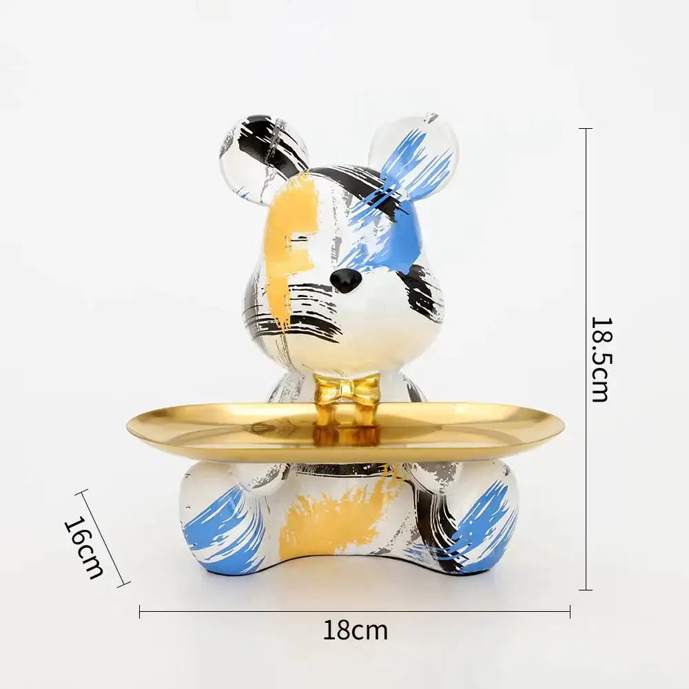 Modern graffiti bear figurine with golden tray living room decor