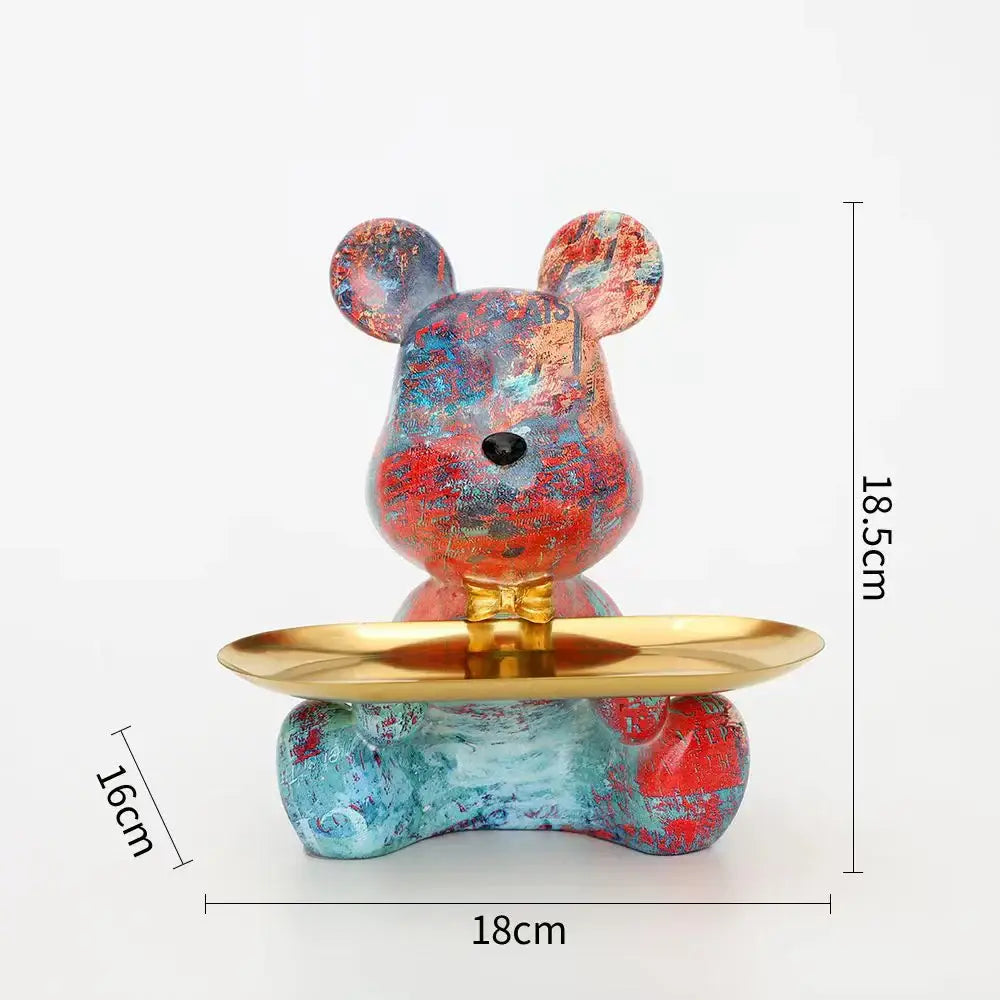 Modern graffiti bear figurine with golden tray living room decor