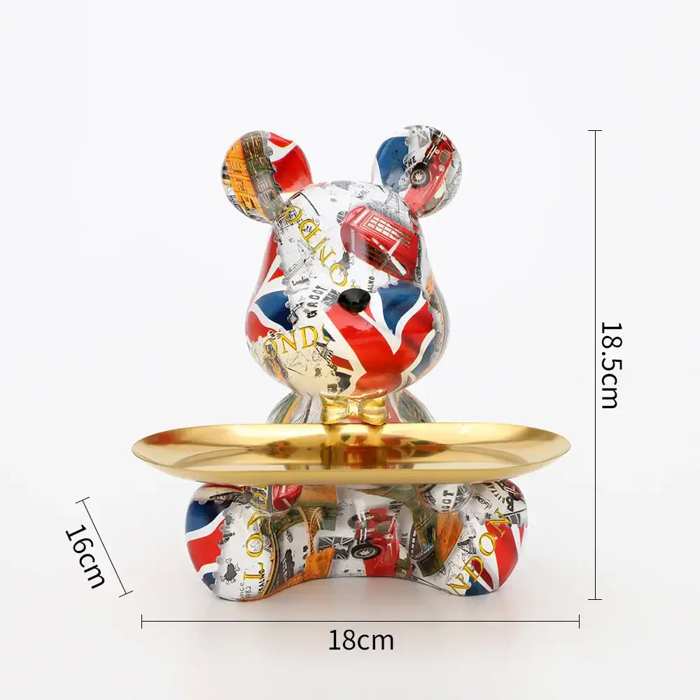 Modern graffiti bear figurine with golden tray living room decor