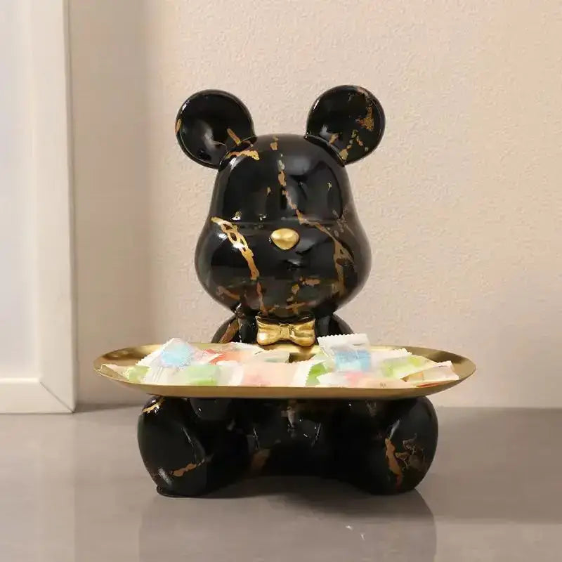 Modern graffiti bear figurine with golden tray living room decor