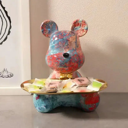 Modern graffiti bear figurine with golden tray living room decor