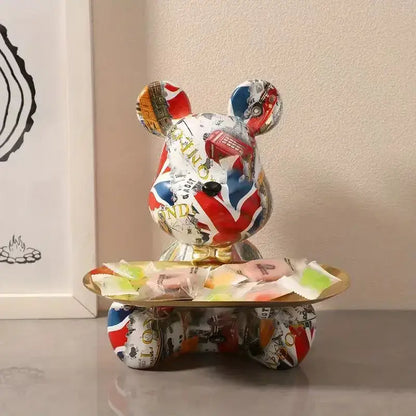 Modern graffiti bear figurine with golden tray living room decor