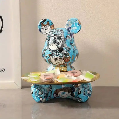 Modern graffiti bear figurine with golden tray living room decor