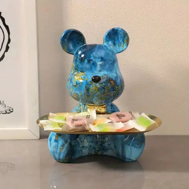 Modern graffiti bear figurine with golden tray living room decor