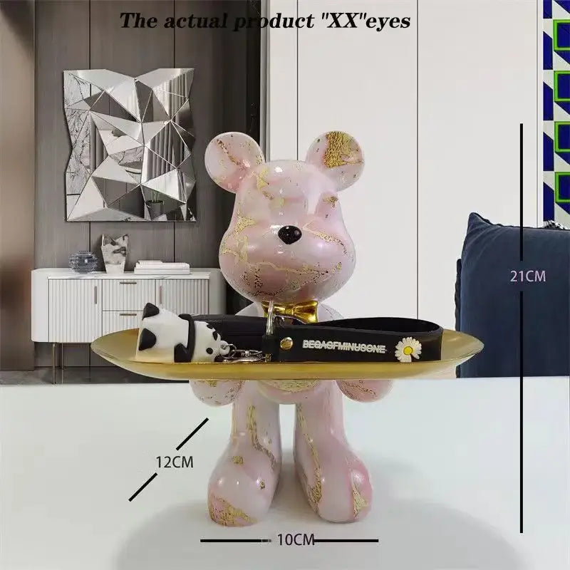 Modern graffiti bear statue ornament with gold tray living room decor