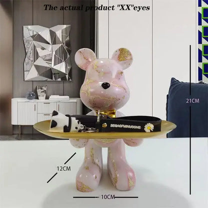 Modern graffiti bear statue ornament with gold tray living room decor