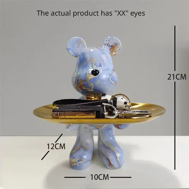 Modern graffiti bear statue ornament with gold tray living room decor
