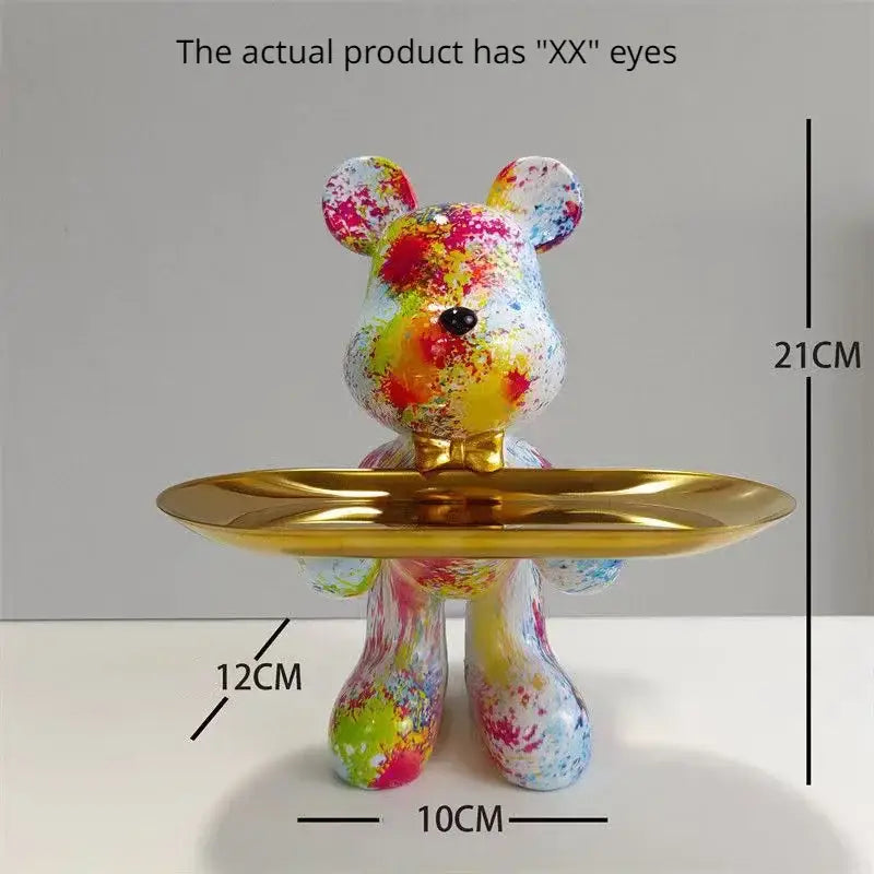 Modern graffiti bear statue ornament with gold tray living room decor