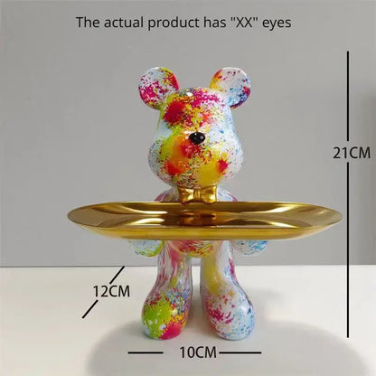 Modern graffiti bear statue ornament with gold tray living room decor