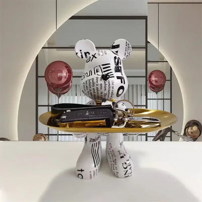 Modern graffiti bear statue ornament with gold tray living room decor