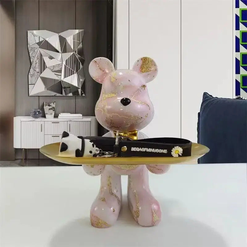 Modern graffiti bear statue ornament with gold tray living room decor