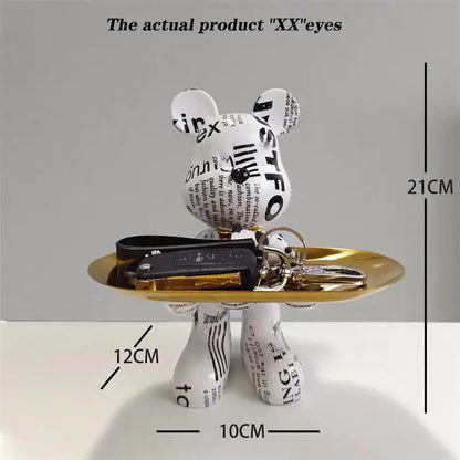 Modern graffiti bear statue ornament with gold tray living room decor