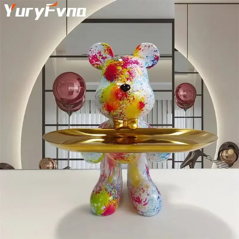Modern graffiti bear statue ornament with gold tray living room decor
