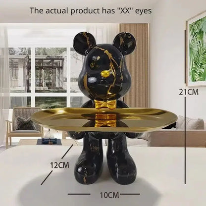 Modern graffiti bear statue ornament with gold tray living room decor