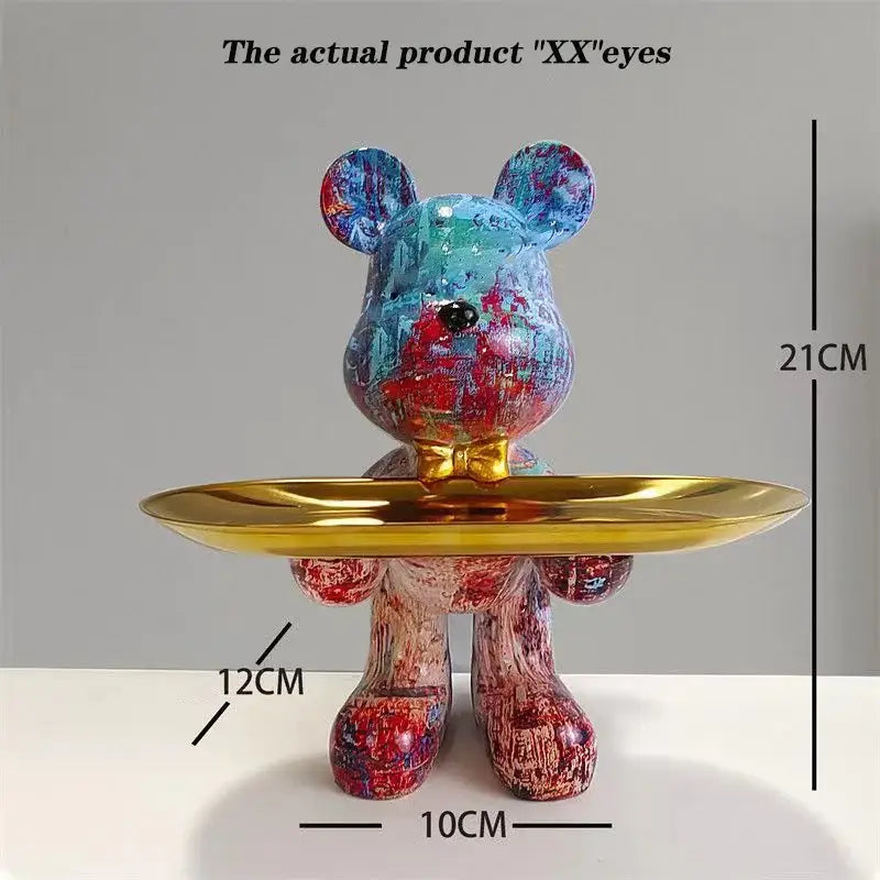 Modern graffiti bear statue ornament with gold tray living room decor