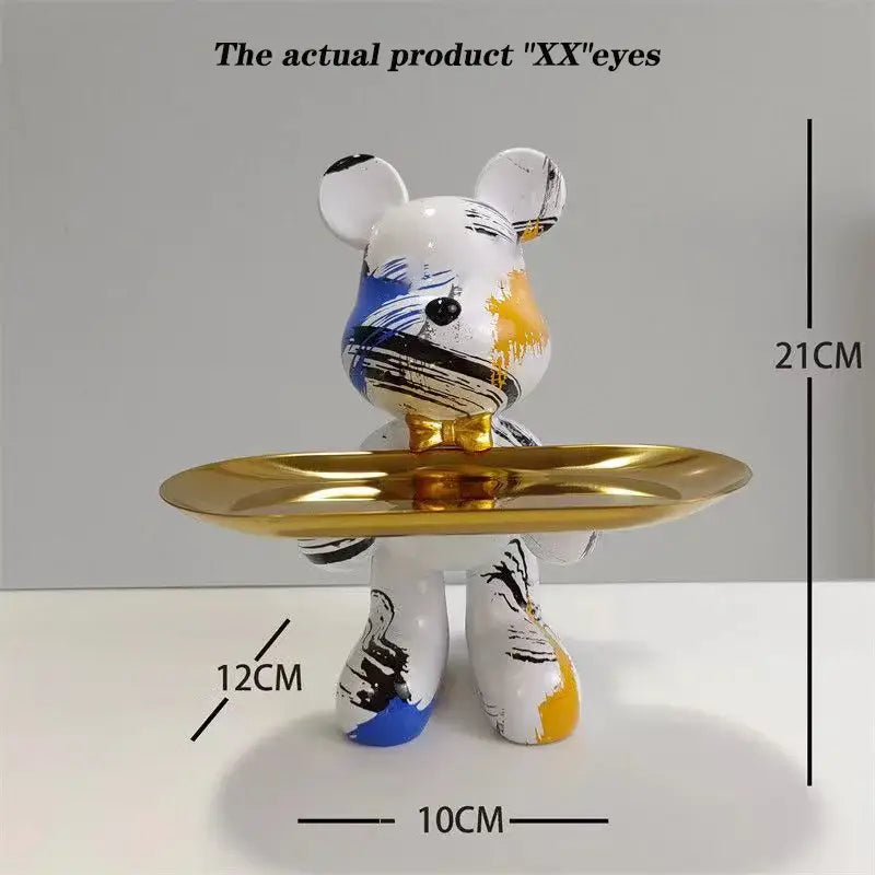 Modern graffiti bear statue ornament with gold tray living room decor