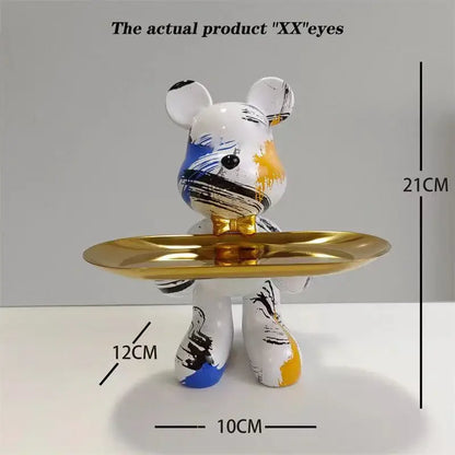 Modern graffiti bear statue ornament with gold tray living room decor
